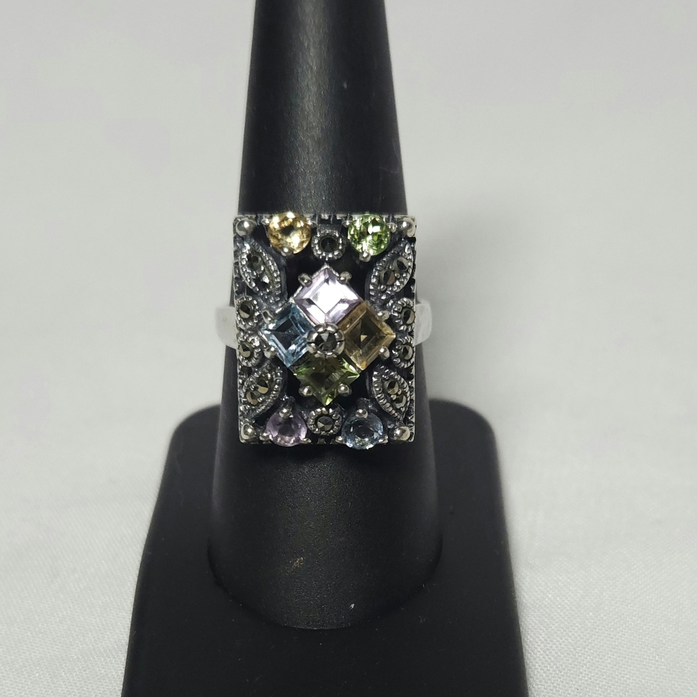 THIALAND Vintage Sterling Silver Marcasite Multi-Color Gemstone Cluster Ring 8.5